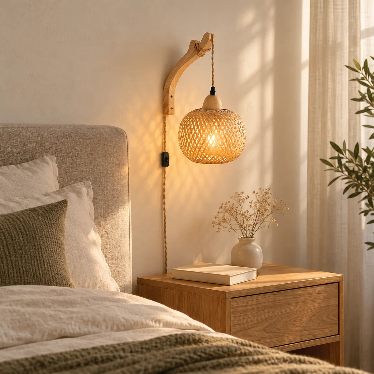 Lampe de chevet suspendue Cassis boule, bras courbé fixée au mur au-dessus d'une table de chevet