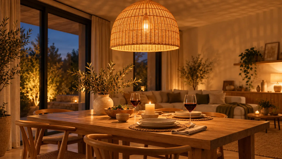 Table à manger le soir éclairée par une grande suspension en bambou qui projette des ombres sur les murs
