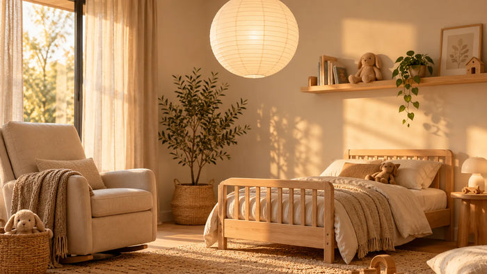 Chambre d'enfant aux tons naturels éclairée par une suspension ronde en papier de riz
