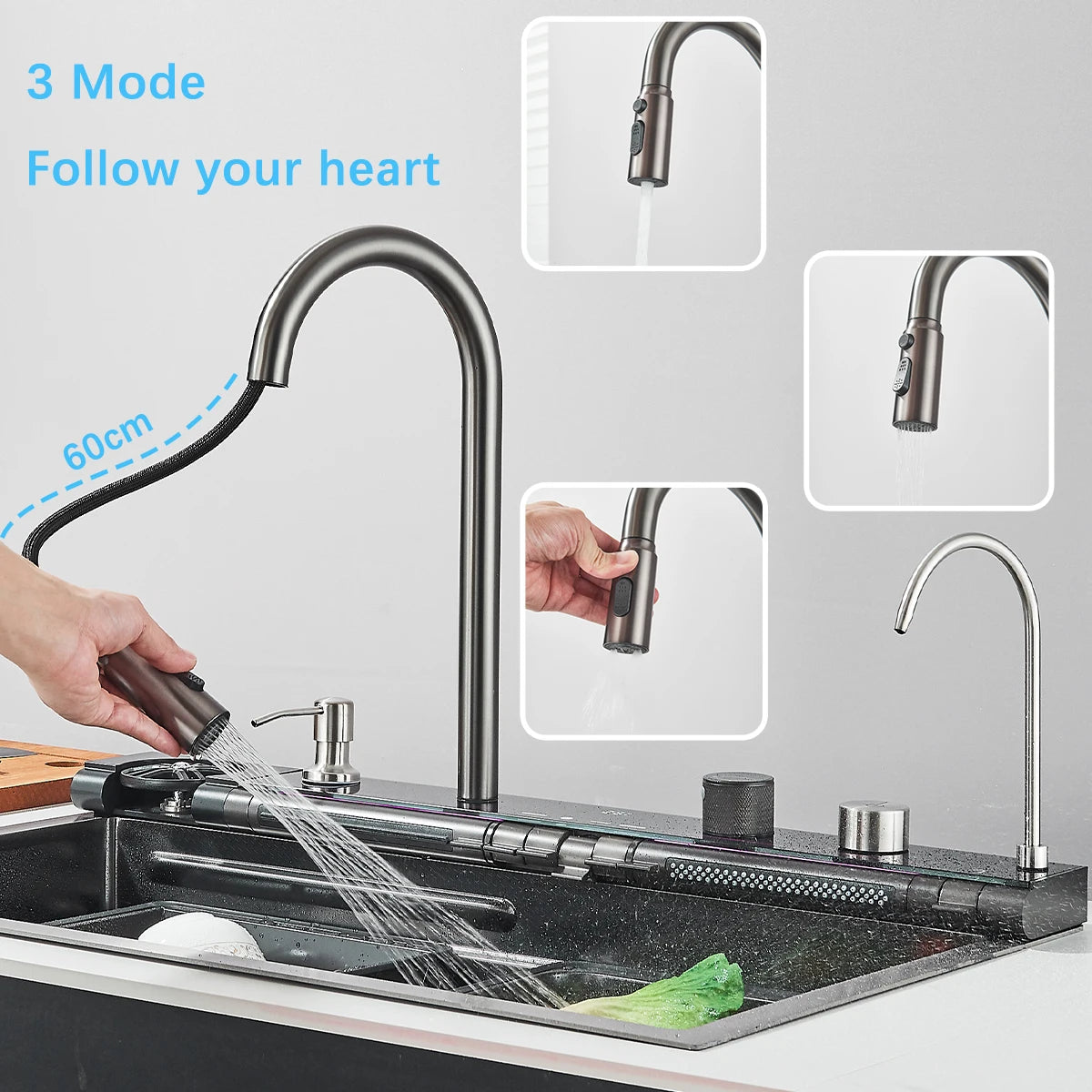 Évier cascade gris avec écran et robinet d'eau filtrée, détail 1 : accessoires, finition ou dimensions