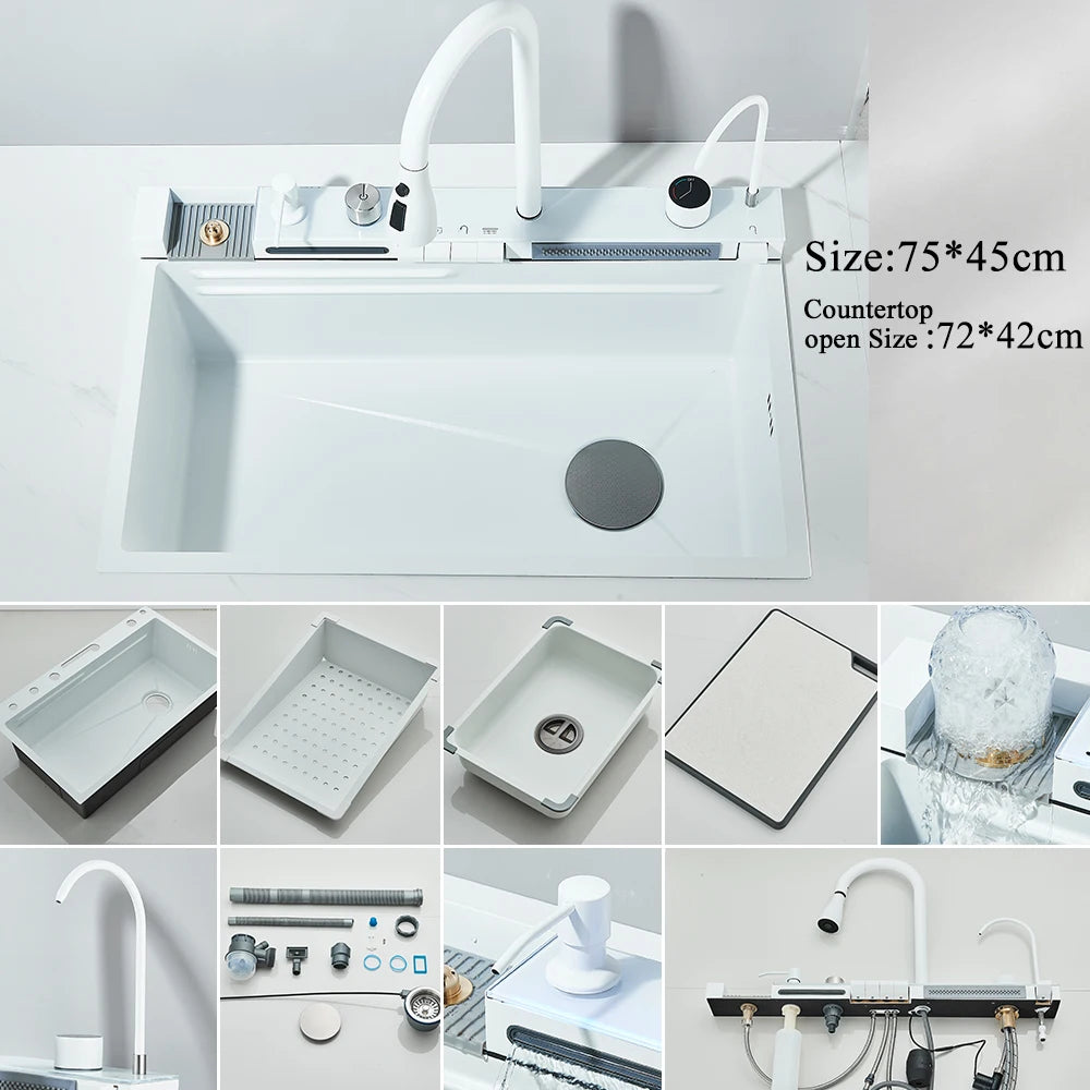 Évier cascade à écran et boutons 75 × 45 cm, rince-verre et savon intégrés