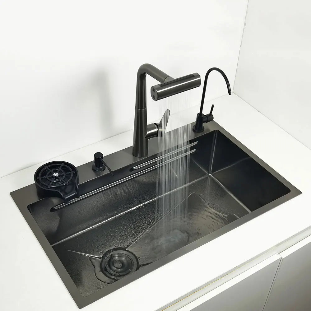 Évier cascade nid d'abeille anti-rayures, 68 ou 75 cm, robinet 4 fonctions