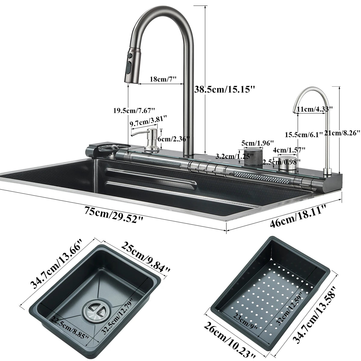 Évier cascade gris avec écran et robinet d'eau filtrée, détail 5 : accessoires, finition ou dimensions