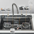 Évier cascade gris avec écran et robinet d'eau filtrée, détail 2 : accessoires, finition ou dimensions