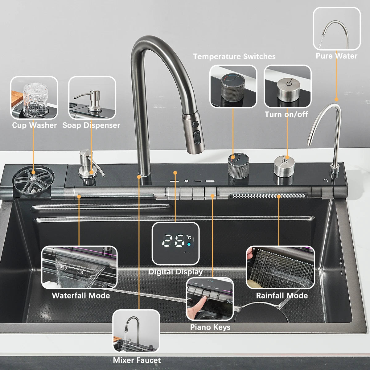 Évier cascade gris avec écran et robinet d'eau filtrée, détail 2 : accessoires, finition ou dimensions