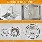 Évier inox brossé 50 à 60 cm avec mitigeur, détail 1 : accessoires, finition ou dimensions