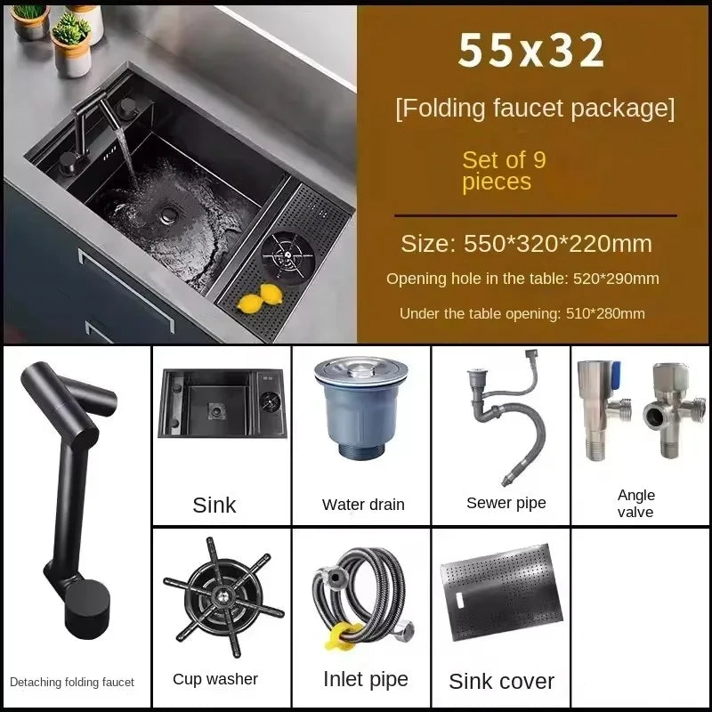 Évier inox à robinet escamotable, 55 ou 60 cm, pour petits espaces