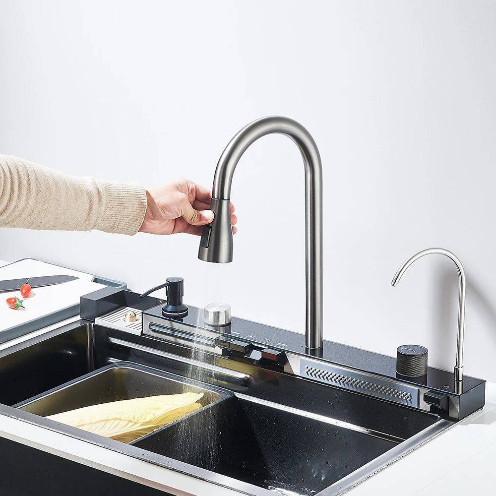 Évier cascade avec écran de température 75 cm, détail 1 : accessoires, finition ou dimensions