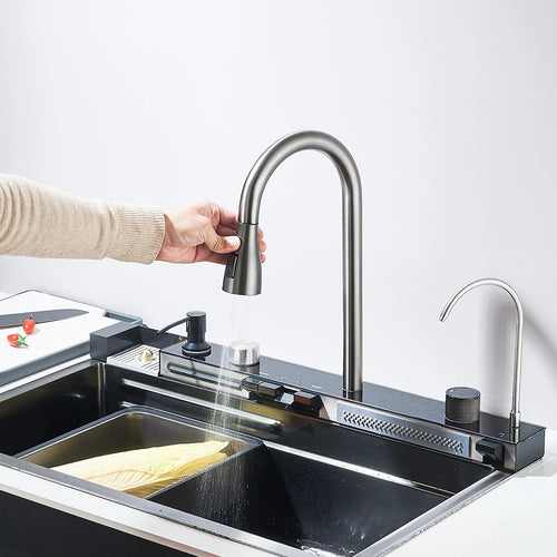 Évier cascade avec écran de température 75 cm, détail 1 : accessoires, finition ou dimensions