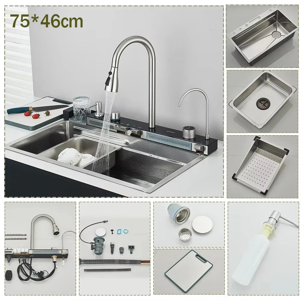 Évier cascade avec écran de température 75 cm, détail 6 : accessoires, finition ou dimensions