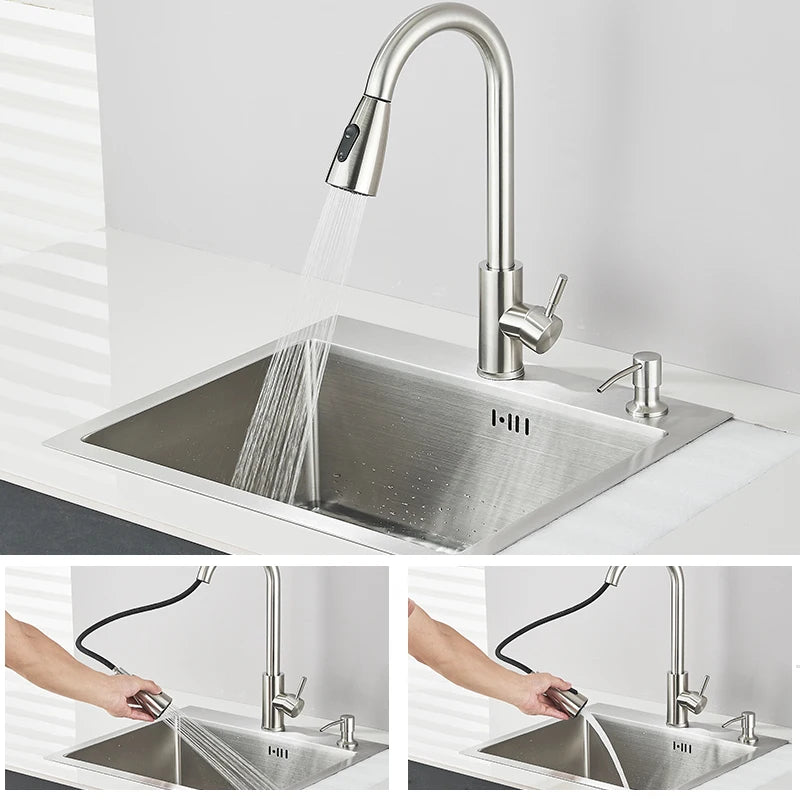 Évier inox brossé 50 à 60 cm avec mitigeur, détail 2 : accessoires, finition ou dimensions