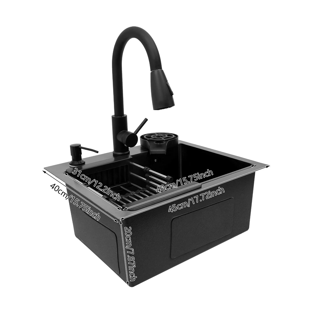 Petit évier multifonction 45 × 40 ou 60 × 45 cm, robinet extractible et rince-verre