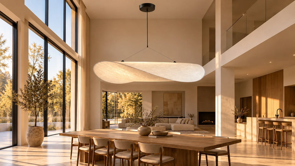 Grande suspension en soie au-dessus d'une longue table dans un séjour au plafond haut