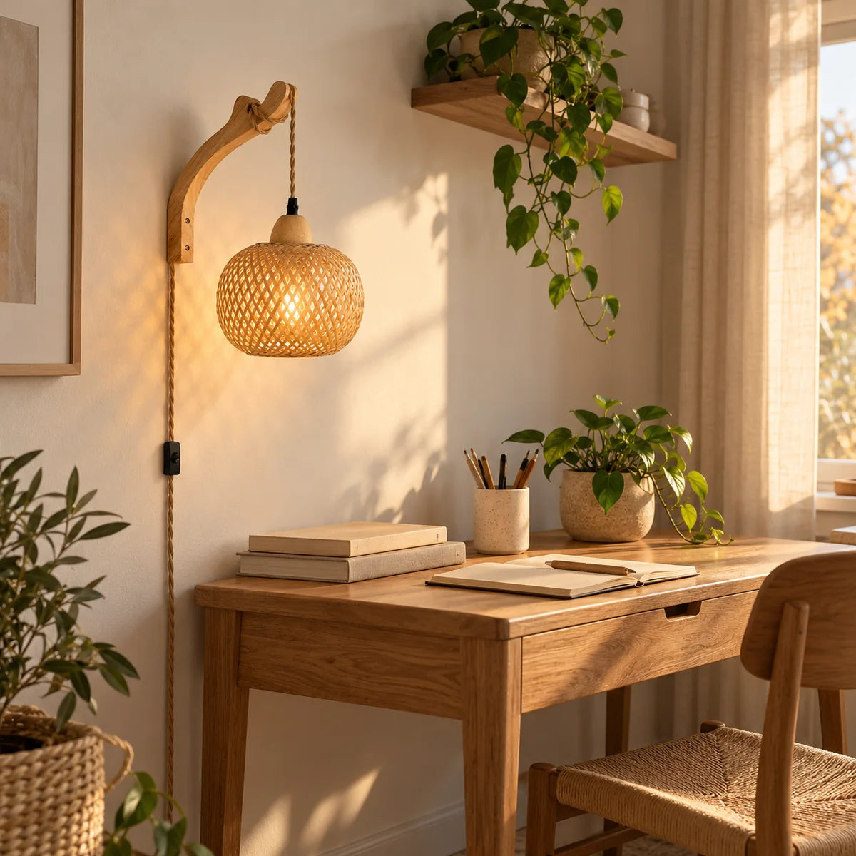 Lampe de chevet suspendue Cassis boule, bras courbé fixée au mur au-dessus d'un bureau