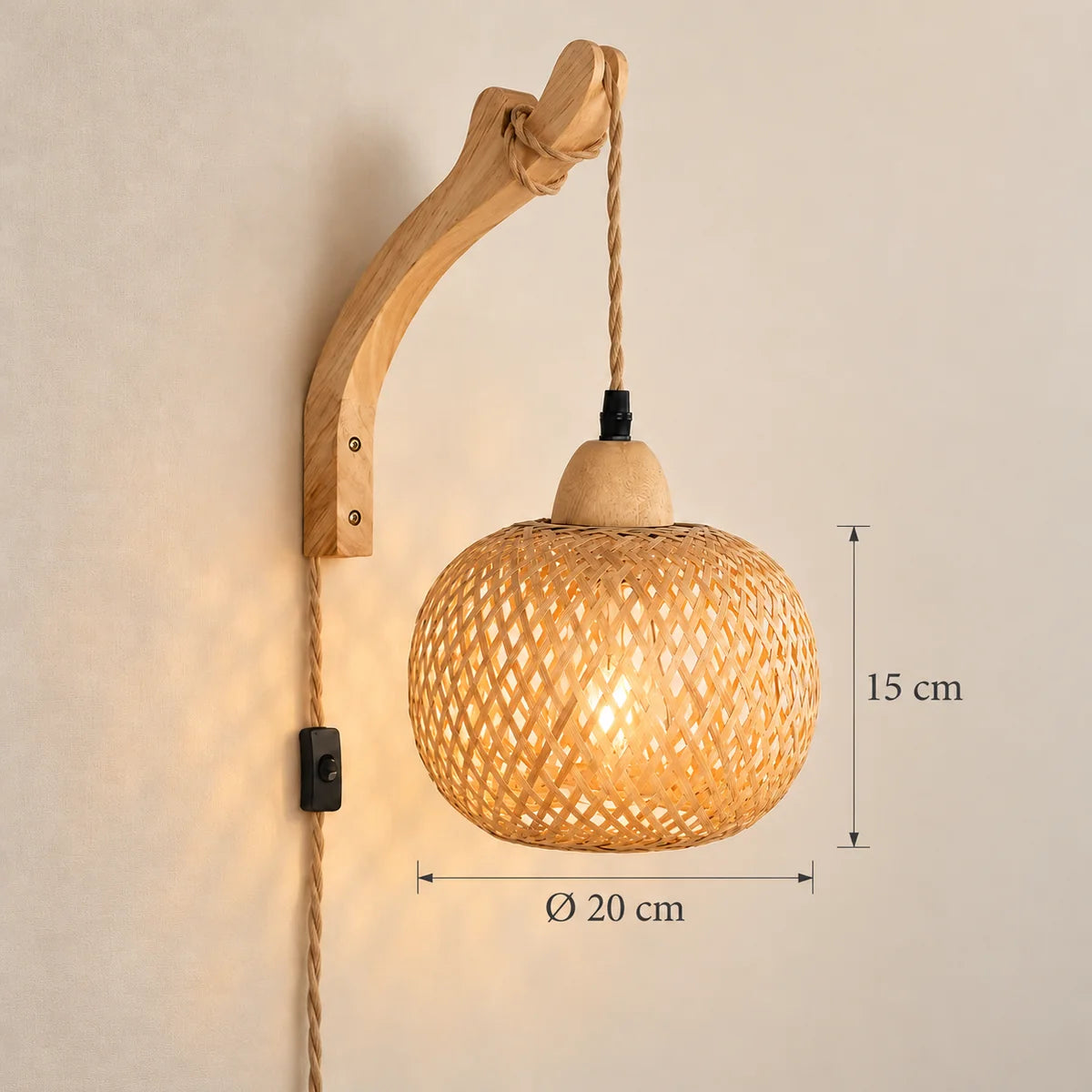 Dimensions de la lampe de chevet suspendue Cassis boule, bras courbé : Ø 20 cm, 15 cm