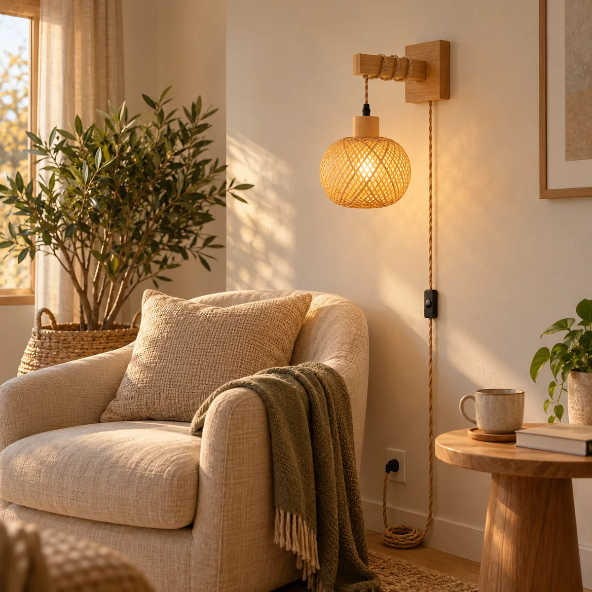 Lampe de chevet suspendue Cassis boule, support droit fixée au mur à côté d'un fauteuil de lecture