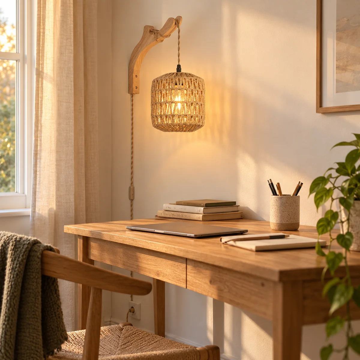 Lampe de chevet suspendue Cassis cylindre, bras courbé fixée au mur au-dessus d'un bureau