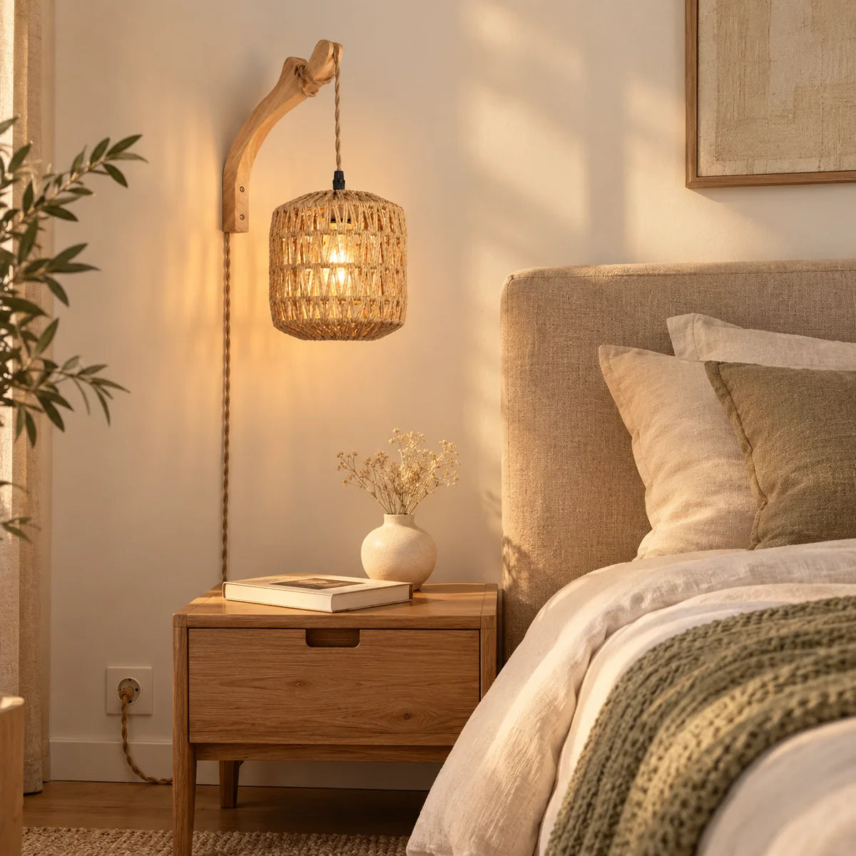 Lampe de chevet suspendue Cassis cylindre, bras courbé fixée au mur au-dessus d'une table de chevet