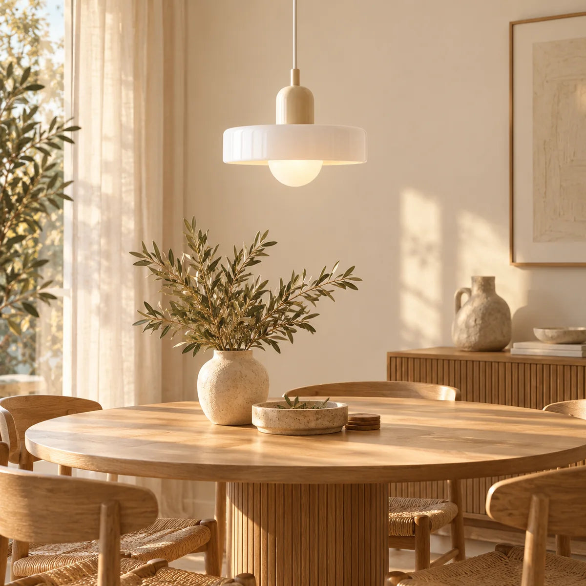 Suspension Vallauris beige et blanc au-dessus d'une table à manger