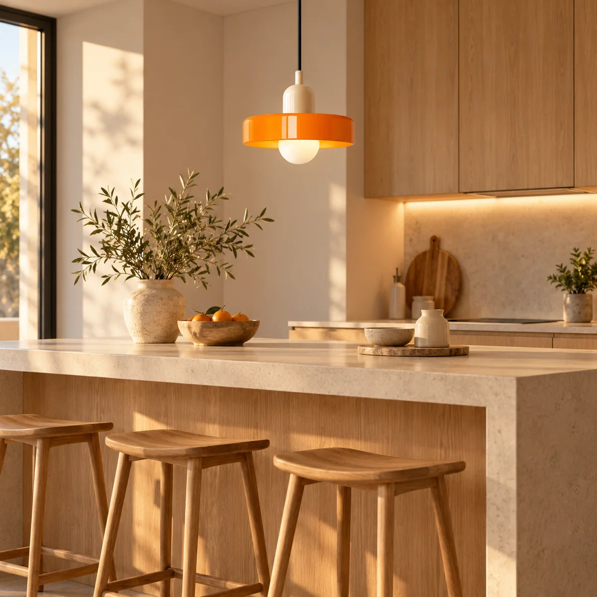 Suspension Vallauris beige et orange au-dessus d'un îlot de cuisine
