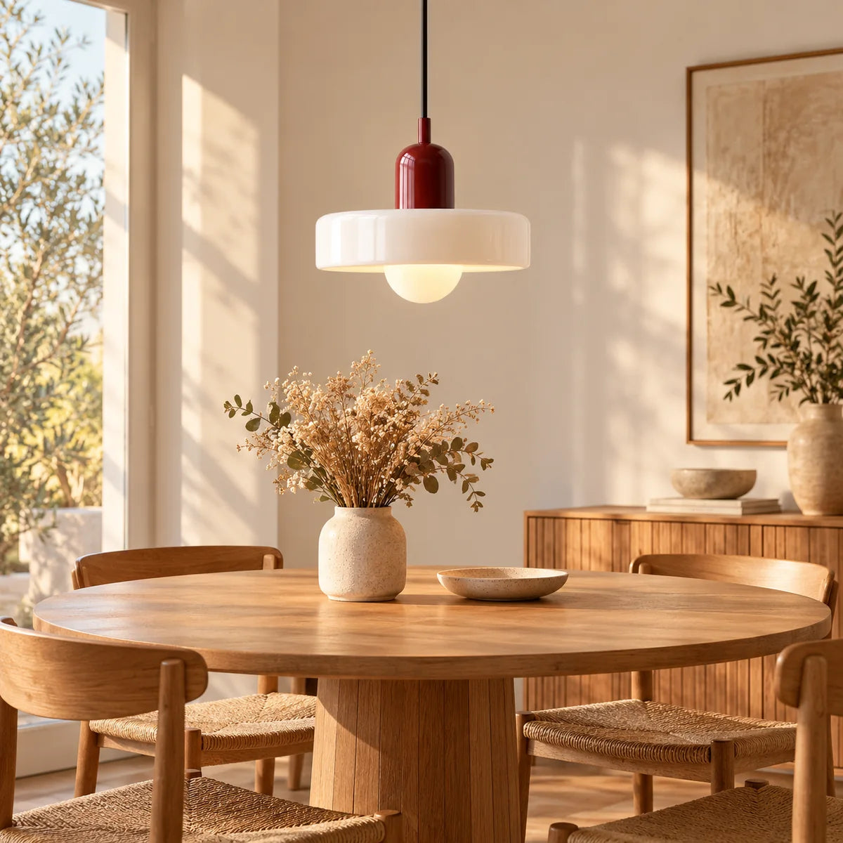 Suspension Vallauris bordeaux et blanc au-dessus d'une table ronde
