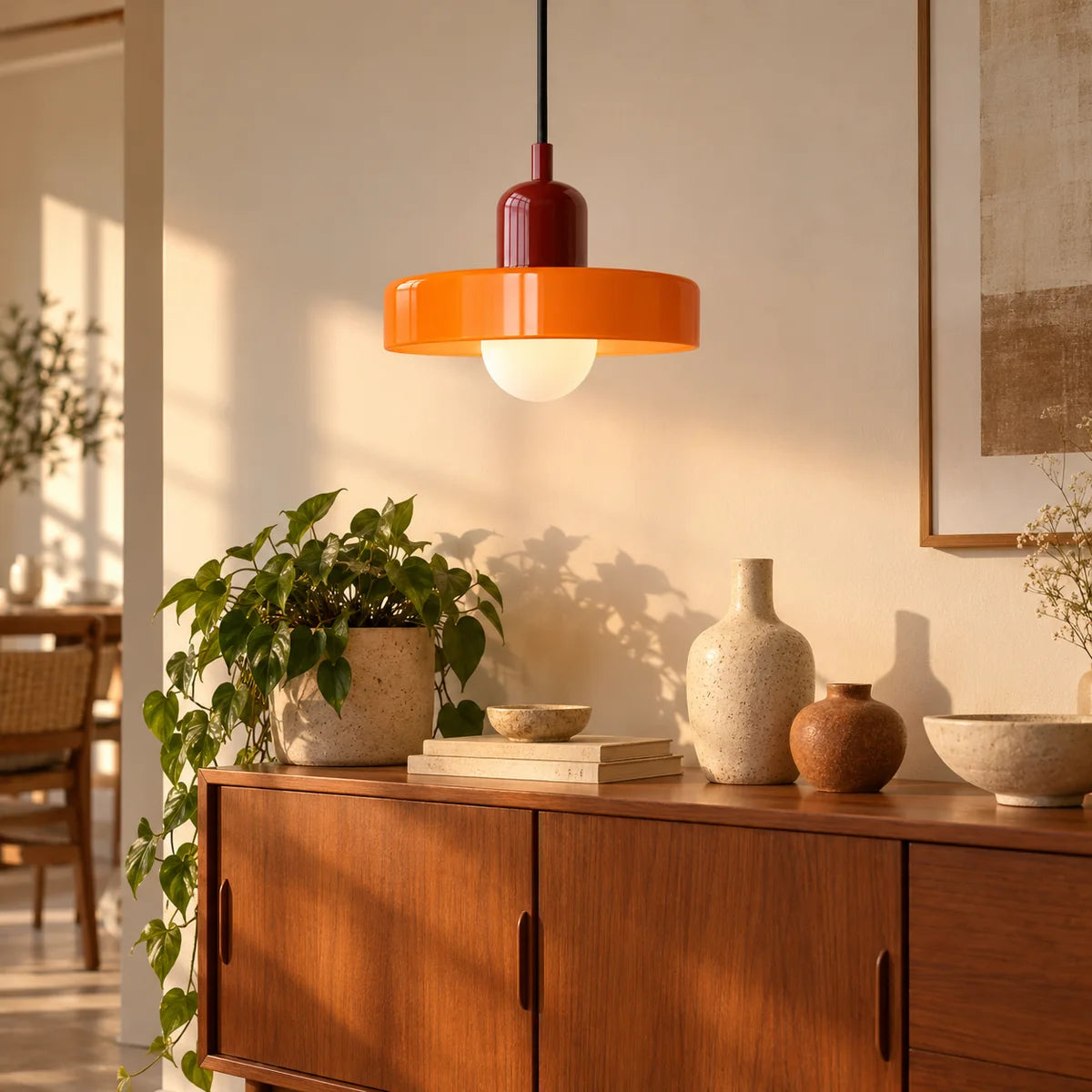 Suspension Vallauris bordeaux et orange au-dessus d'un buffet en bois