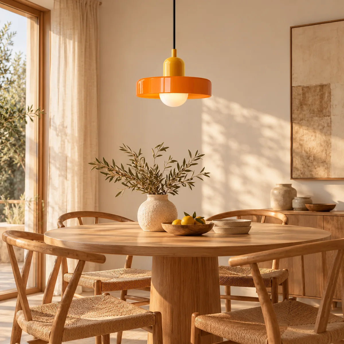 Suspension Vallauris jaune et orange au-dessus d'une table à manger