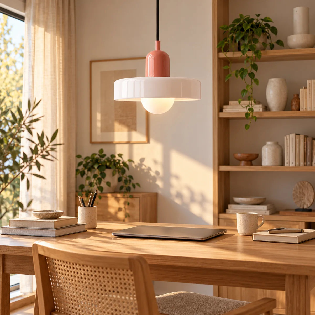 Suspension Vallauris rose et blanc au-dessus d'un bureau