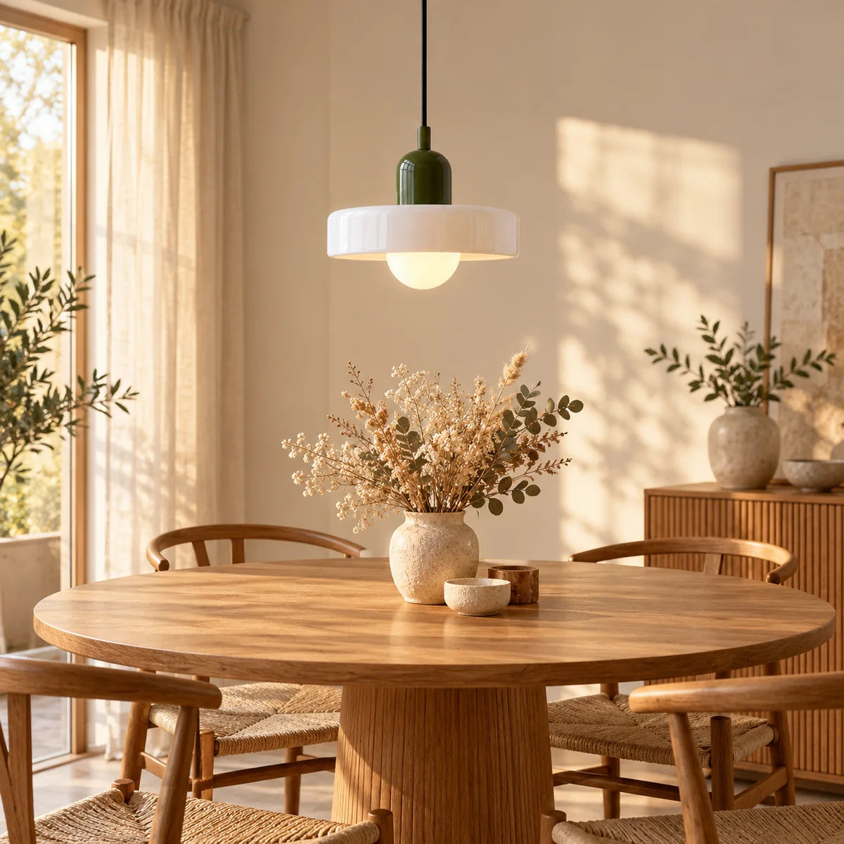 Suspension Vallauris vert sapin et blanc au-dessus d'une table ronde