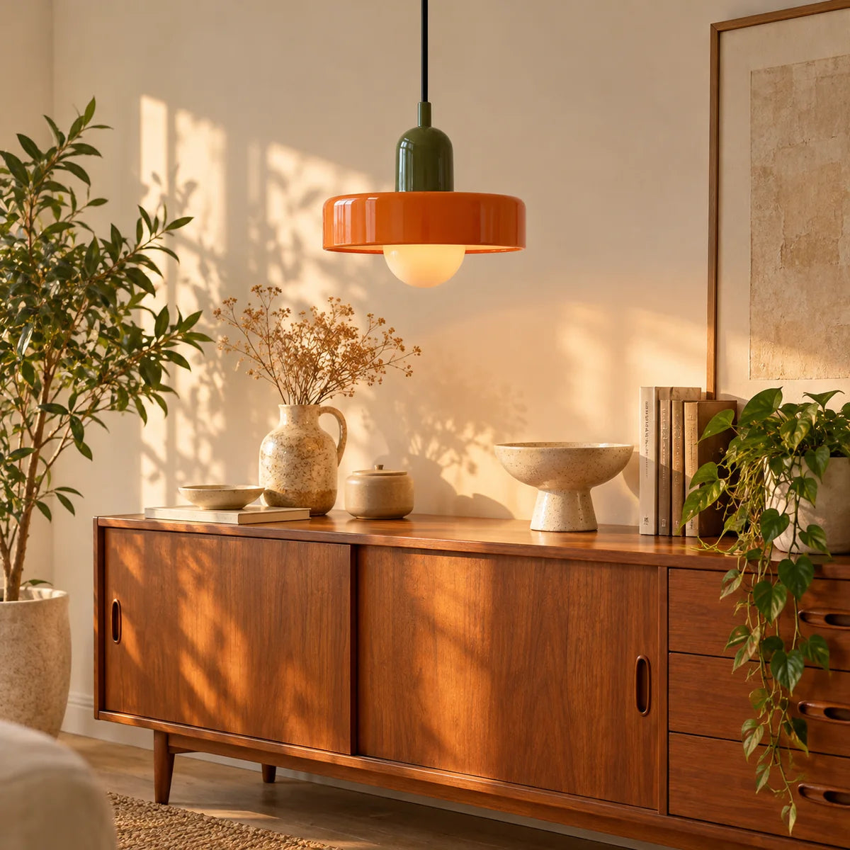 Suspension Vallauris vert sapin et orange au-dessus d'un buffet en bois