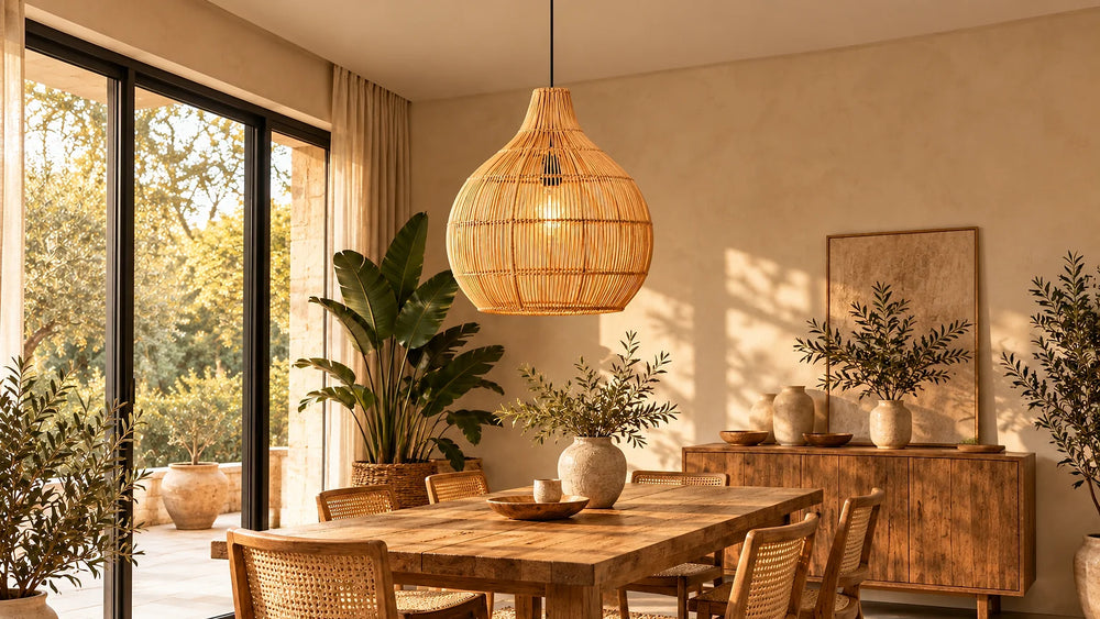 Suspension bohème en rotin tissé au-dessus d'une table en bois et chaises en cannage