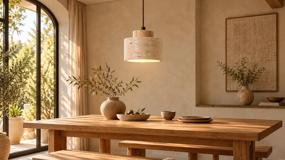Suspension en bois et travertin allumée au-dessus d'une table en chêne avec bancs