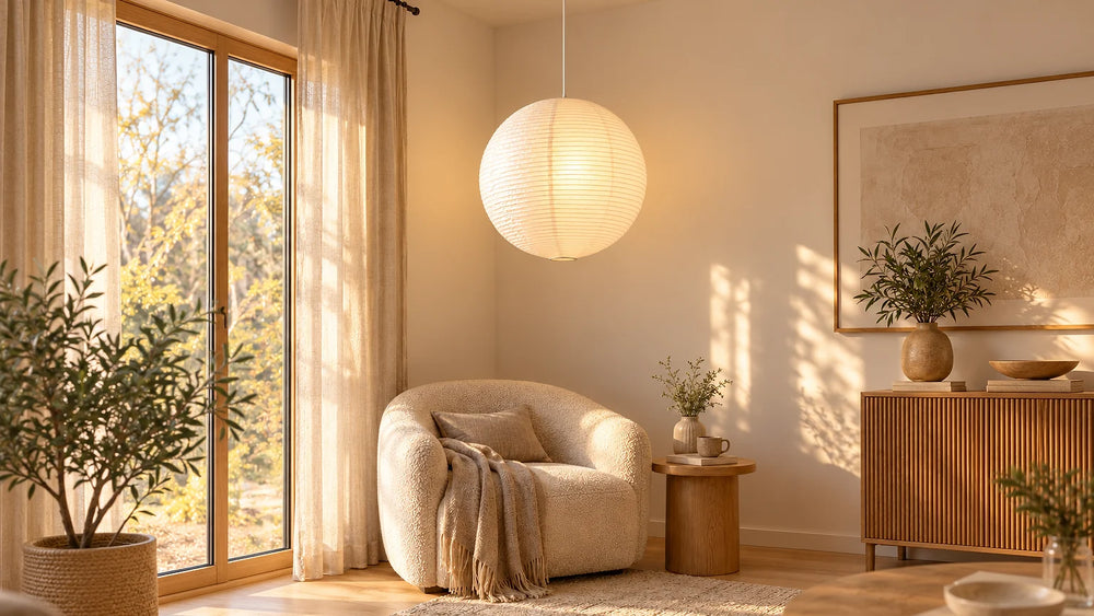 Suspension boule en papier de riz allumée au-dessus d'un fauteuil