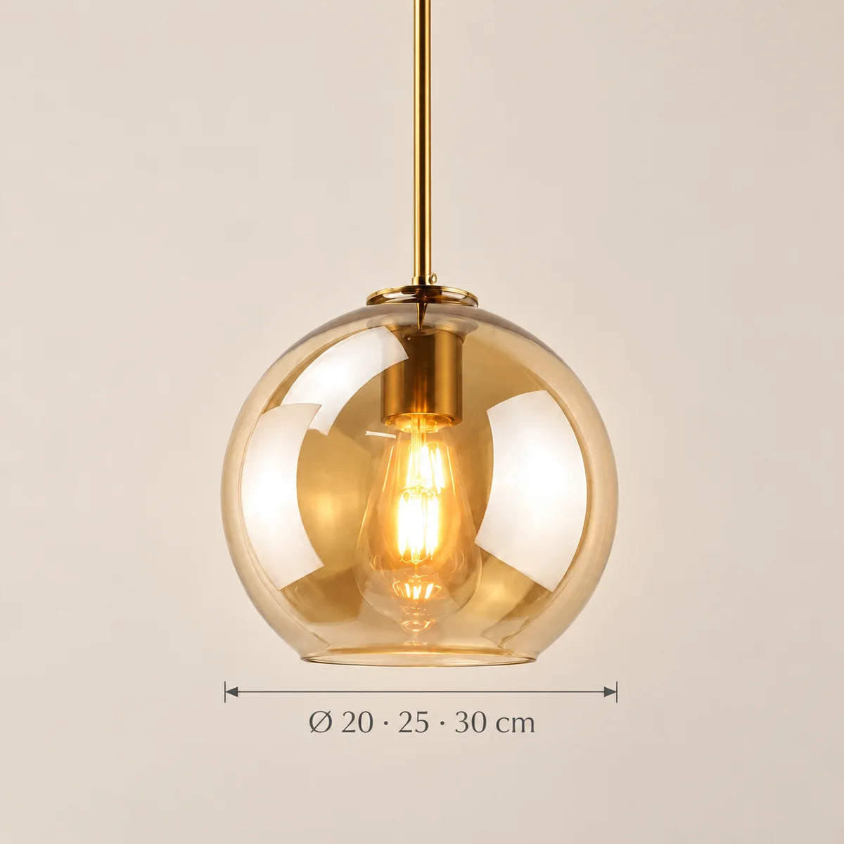 Dimensions de la suspension Sète cuivre, verre ambré : Ø 20 · 25 · 30 cm