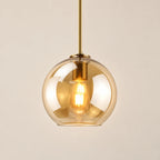 Suspension Sète cuivre, verre ambré, boule en verre