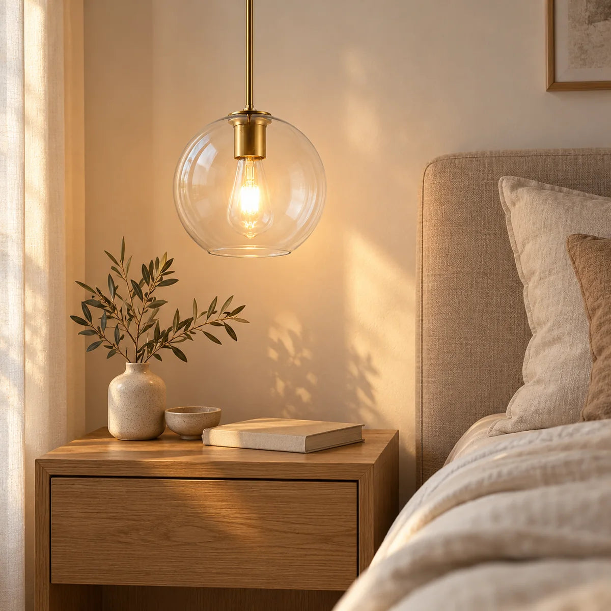 Suspension Sète cuivre, verre transparent en chevet, à côté d'un lit