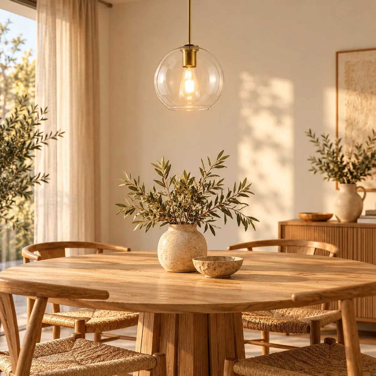 Suspension Sète cuivre, verre transparent au-dessus d'une table à manger