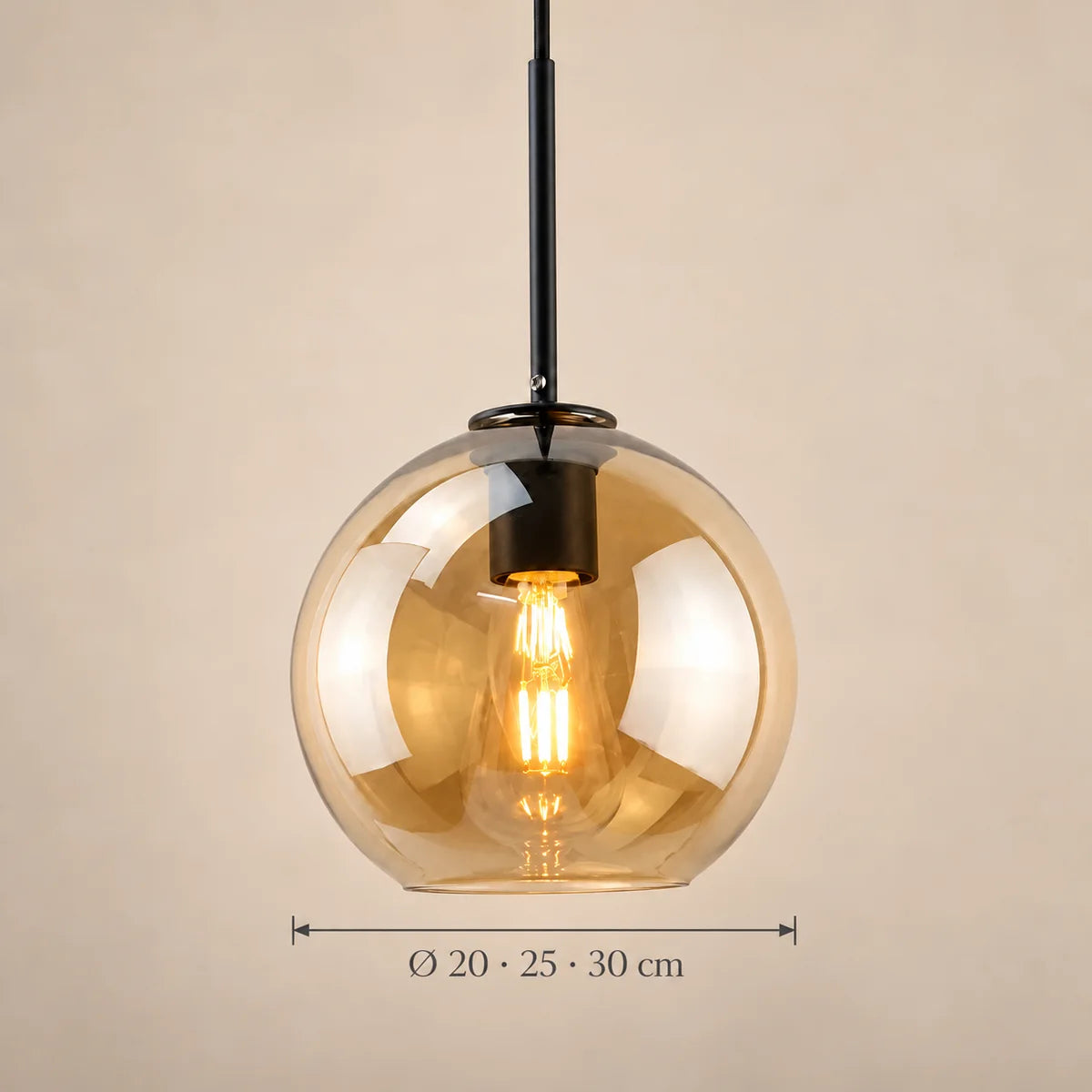 Dimensions de la suspension Sète noir, verre ambré : Ø 20 · 25 · 30 cm