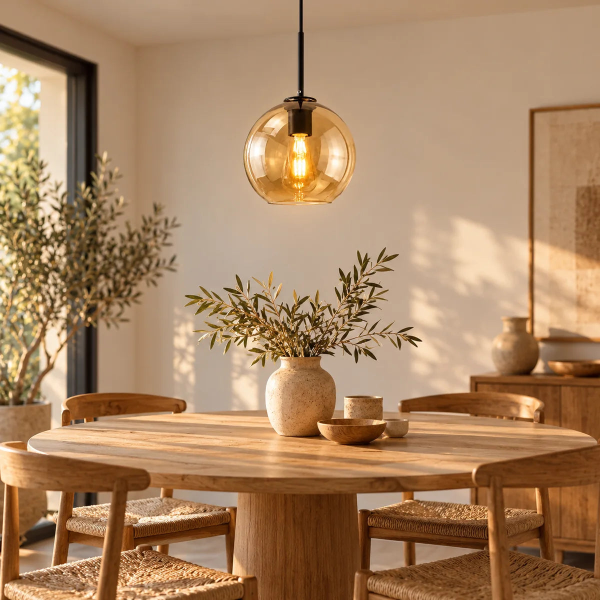 Suspension Sète noir, verre ambré au-dessus d'une table à manger