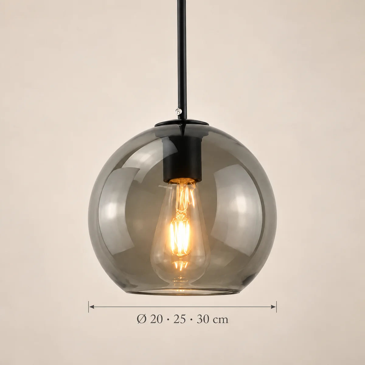 Dimensions de la suspension Sète noir, verre fumé : Ø 20 · 25 · 30 cm