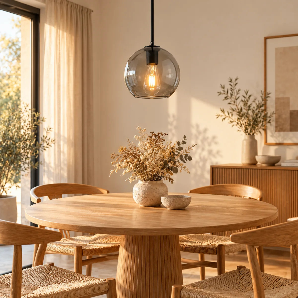 Suspension Sète noir, verre fumé au-dessus d'une table ronde