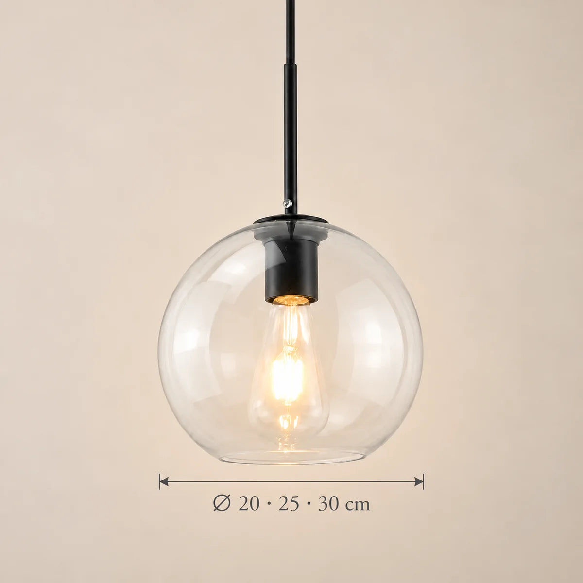 Dimensions de la suspension Sète noir, verre transparent : Ø 20 · 25 · 30 cm