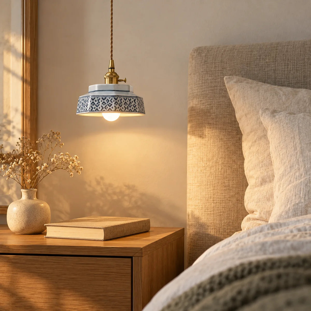 Suspension Salernes bleu à motifs en chevet, à côté d'un lit
