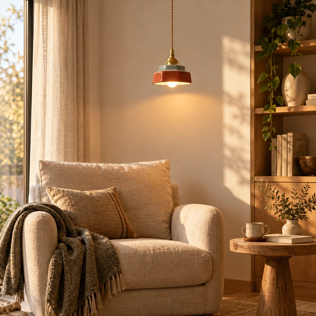 Suspension Salernes terracotta au-dessus d'un fauteuil de lecture