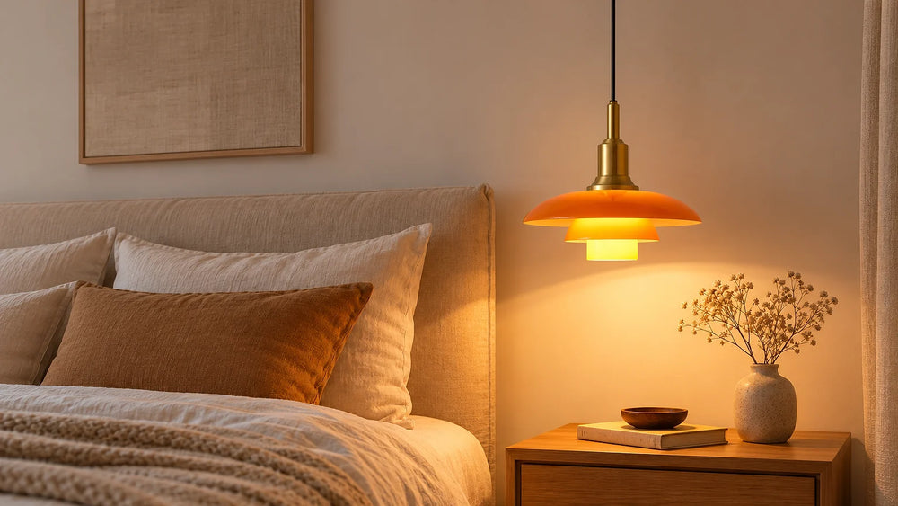 Suspension en verre allumée à côté d'un lit