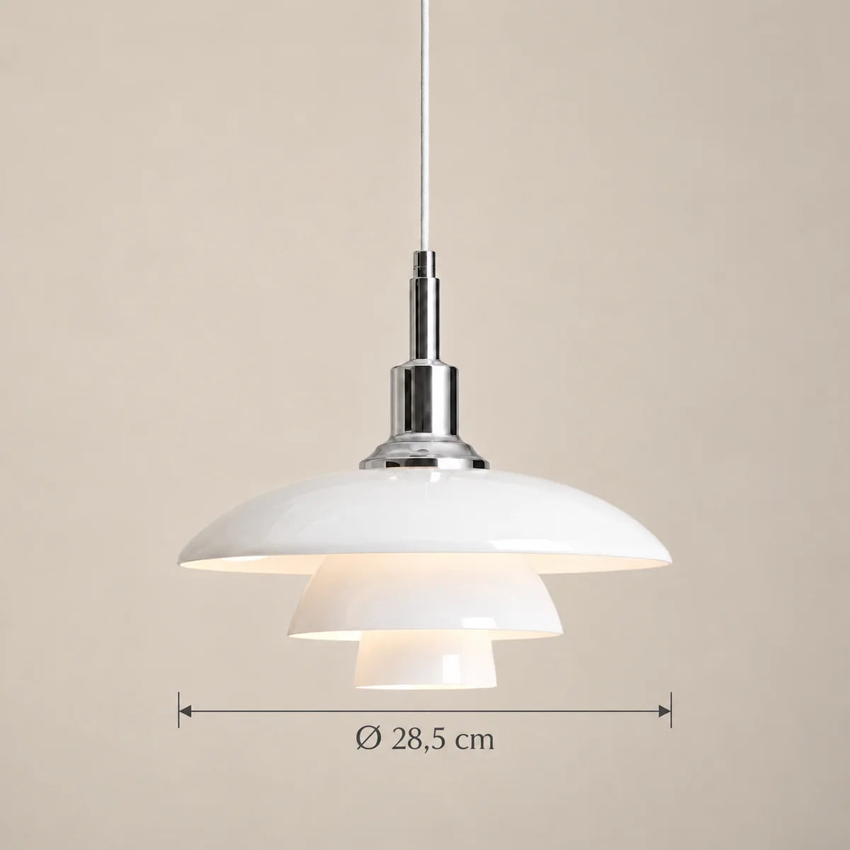Dimensions de la suspension Menton chromé et blanc : Ø 28,5 cm