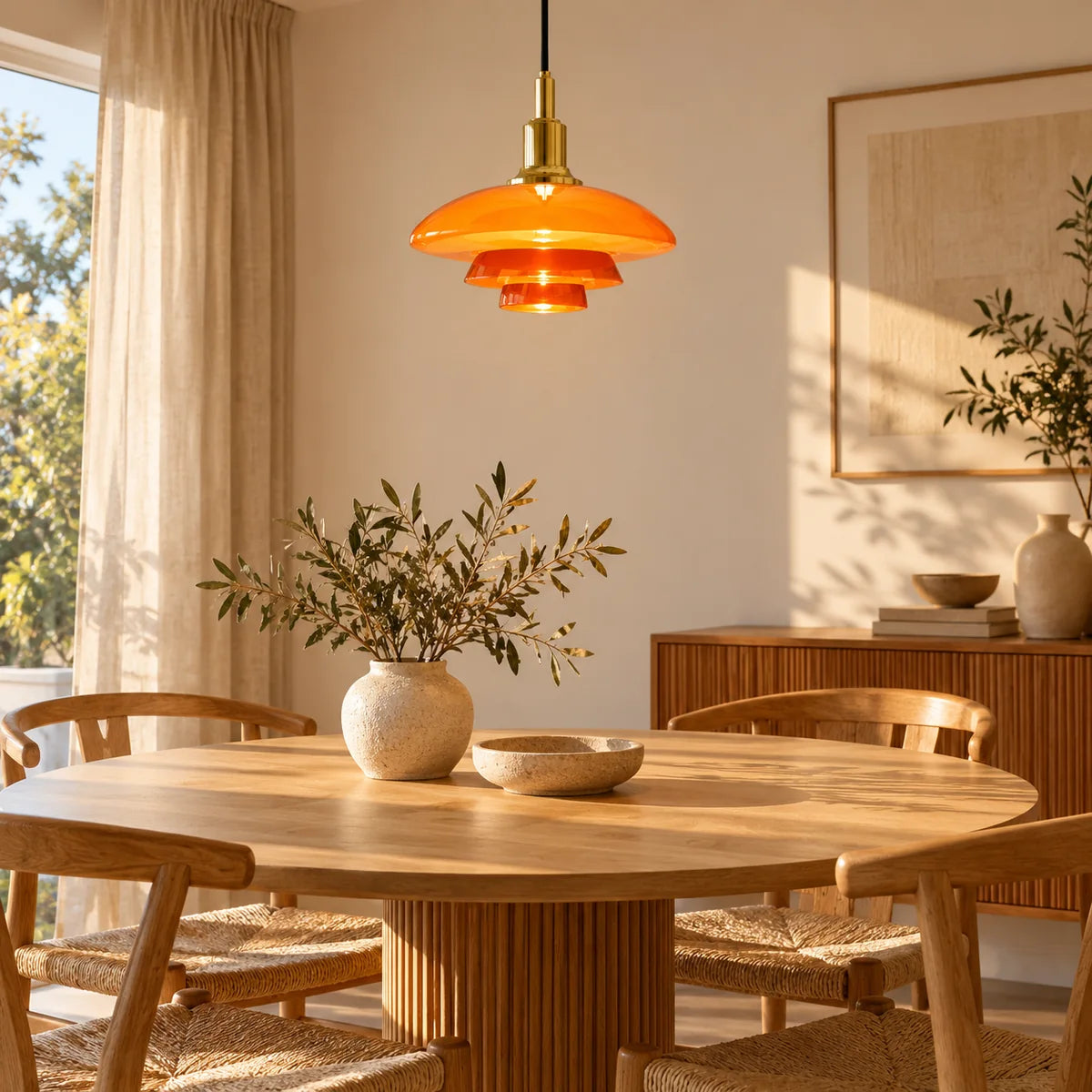 Suspension Menton doré et orange au-dessus d'une table à manger