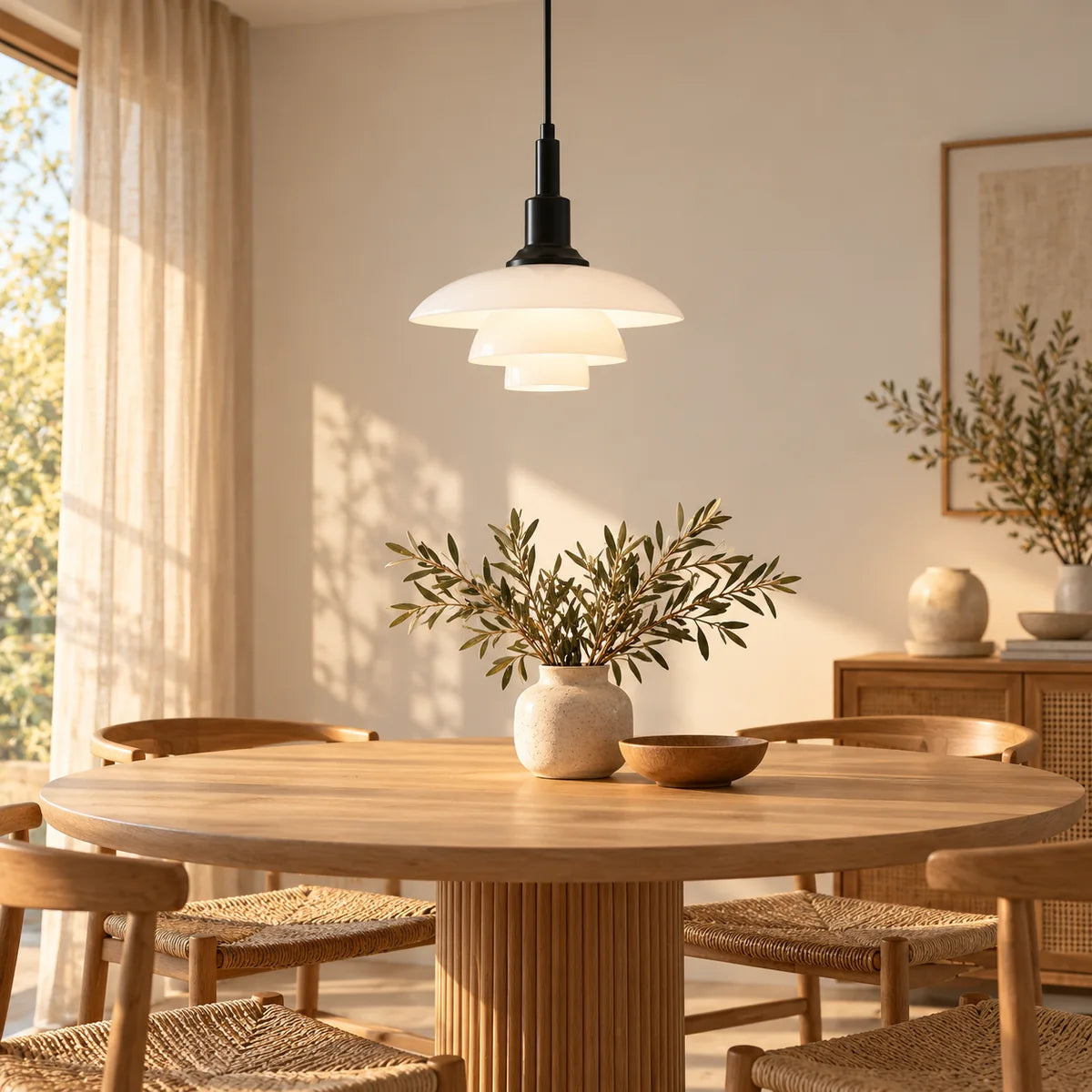 Suspension Menton noir et blanc au-dessus d'une table à manger