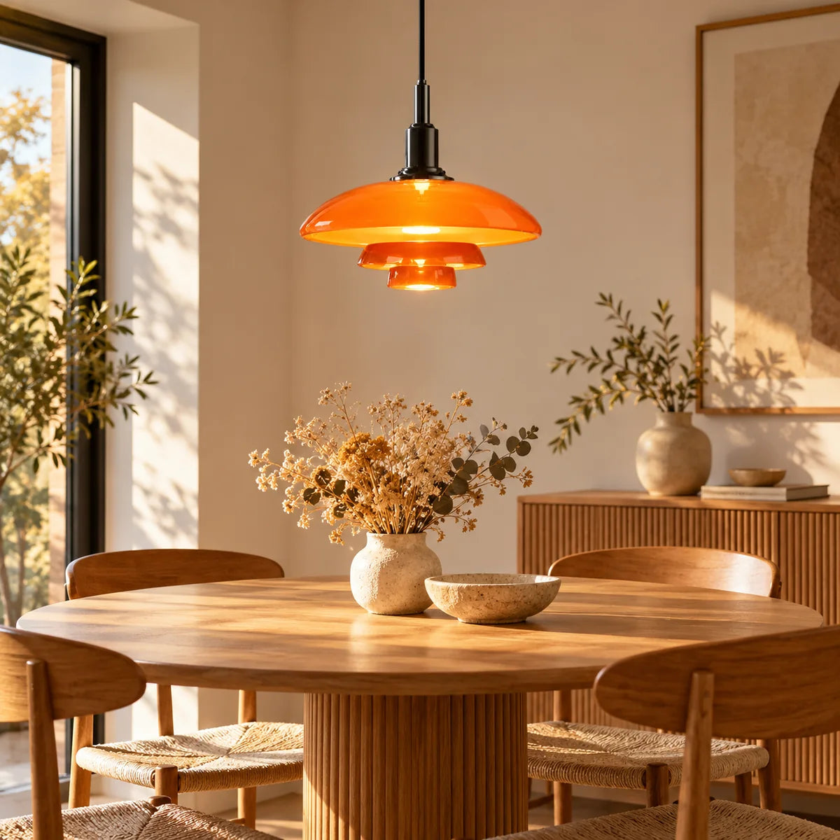Suspension Menton noir et orange au-dessus d'une table ronde