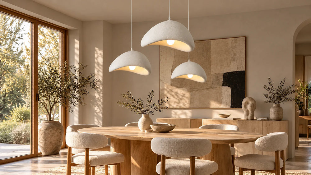Suspensions design au-dessus d'une table sculpturale